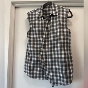 Tibi: Sleeveless Plaid Button-Up Shirt, padded shoulders